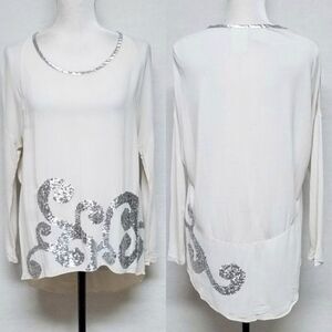 𝅺RARE Anthropologie Yoanna Baraschi Cream Silver Sequin Oversized Hi-Low Blouse